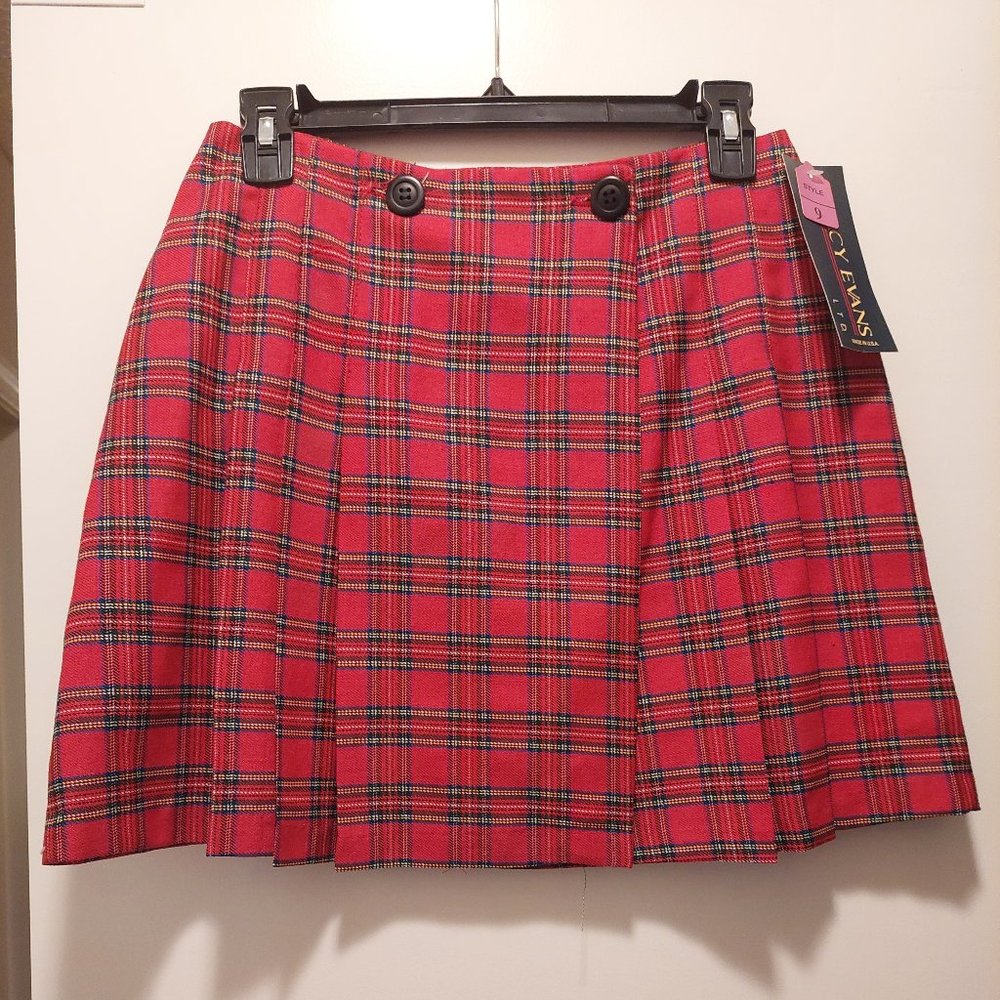 Red plaid pleated mini skirt, Size 9